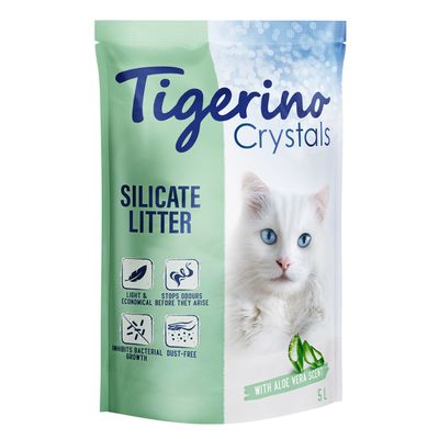 Tigerino Crystals silicate litter, lightweight and economical, prevents odours, inhibits bacterial growth, dust-free, with aloe vera scent, 5L pack.
