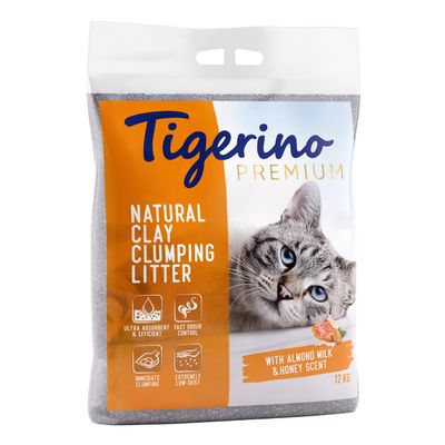 Tigerino Premium Natural Clay Clumping Litter, ultra absorbent, fast odour control, immediate clumping, extremely low-dust, Baby Powder Duft, 12 kg.