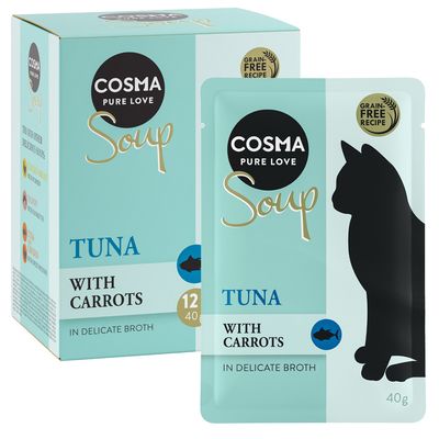 Cosma Pure Love Soup, gabonamentes recept, tonhal sárgarépával finom levesben. Csomagolás: 12x40g adag tasak.