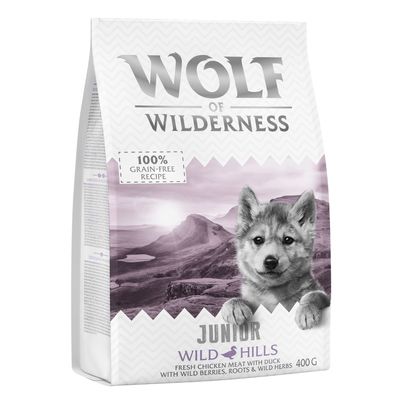 Wolf of Wilderness Wild Hills 400 g, 100% grain-free recipe, friss csirkehús és kacsa, erdei gyümölcsökkel, gyökerekkel, vadon termő fűszernövényekkel. Próbálja ki!