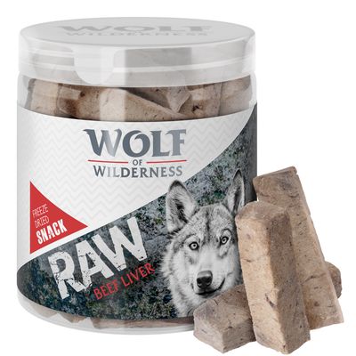 Wolf of Wilderness RAW pileća srca, liofilizirani snack u prozirnoj posudi s motivom vuka.