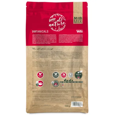 bunny all nature Botanicals MID MIX, 130 g-os csomag hátoldala, etetési útmutató táblázattal és összetevőkkel, angol és német nyelvű leírásokkal bunny all nature Botanicals MID MIX, 130 g-os csomag hátoldala, etetési útmutató táblázattal és összetevőkkel, angol és német nyelvű leírásokkal