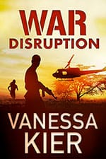 WARDisruption-150x225 Cover for WAR: Disruption by Vanessa Kier. A mostly yellow skin and an acacia tree tinted orange. In silhouette, a helicopter is landing. In the foreground, the silhouette of a man holding a an assault rifle. Behind him, the silhouette of a woman is running toward the helicopter. At the bottom, a black background is behind the author's name.