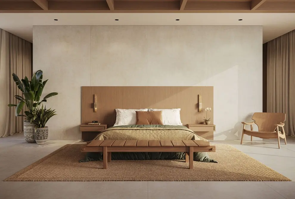 Modern minimalist bedroom featuring Caesarstone Porcelain warm wood tones, natural stone flooring, and soft beige wall cladding. The design combines clean lines, organic materials, and neutral hues to create a serene, spa-like atmosphere.