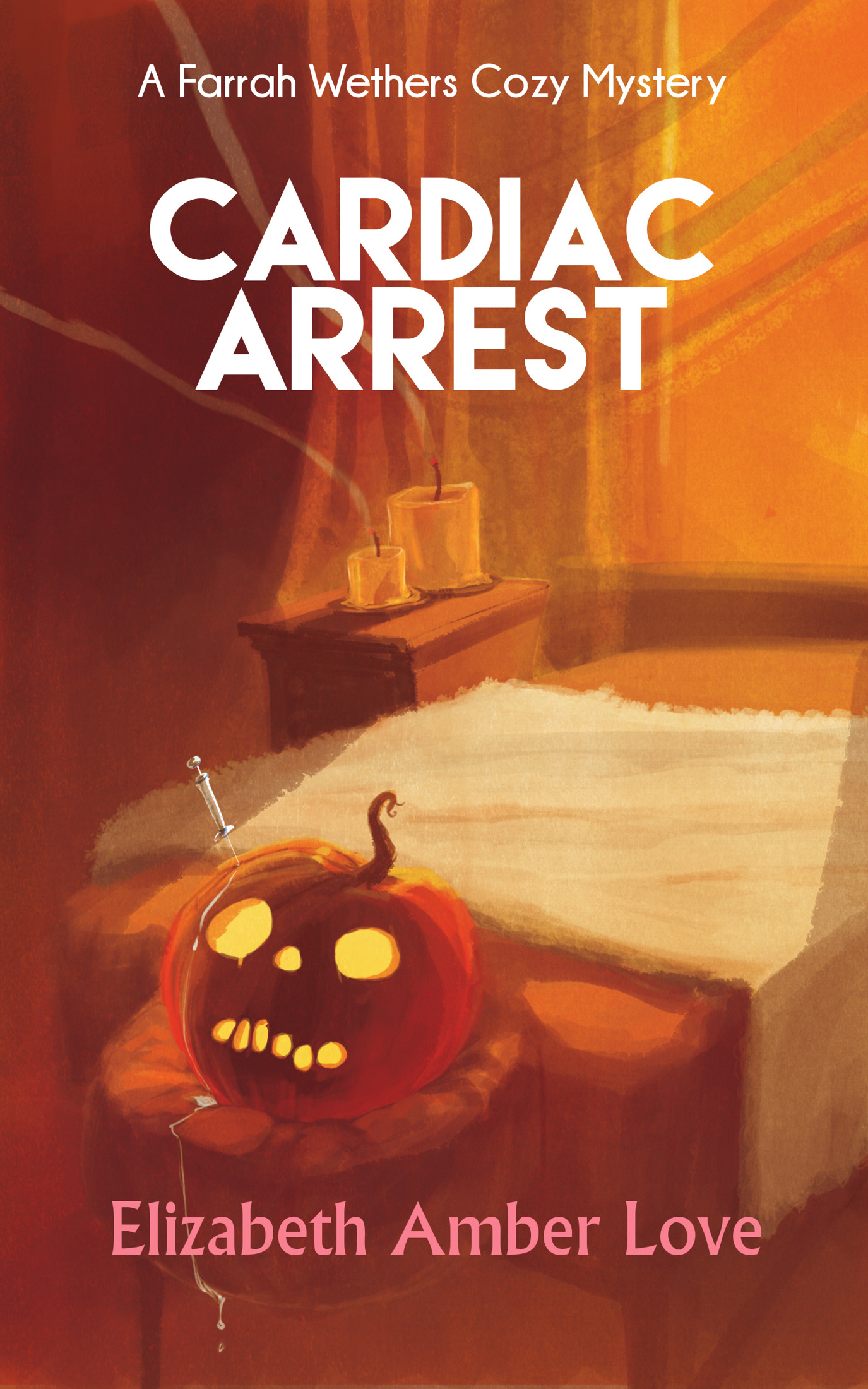 pumpkin with glowing eyes on a table - book title Cardiac Arrest
