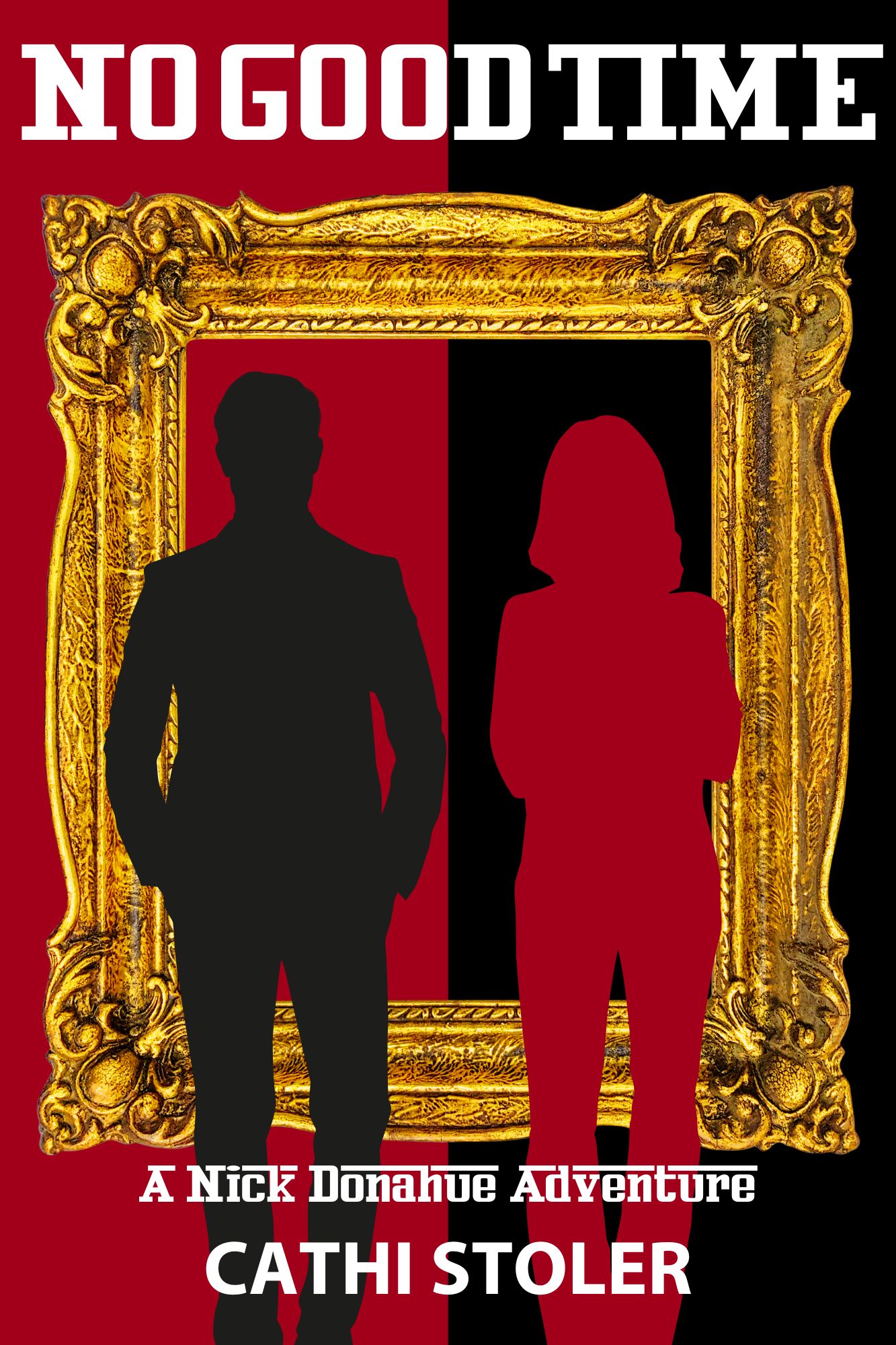 black and red image outlines of man and woman looking at a gold picture frame. No Good Time