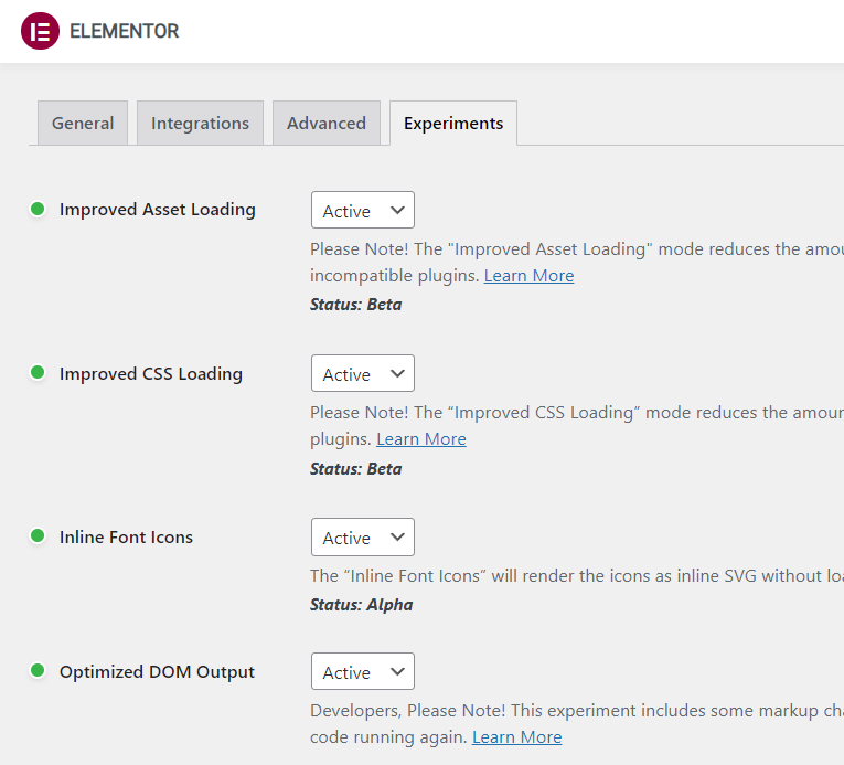 Elementor experiments