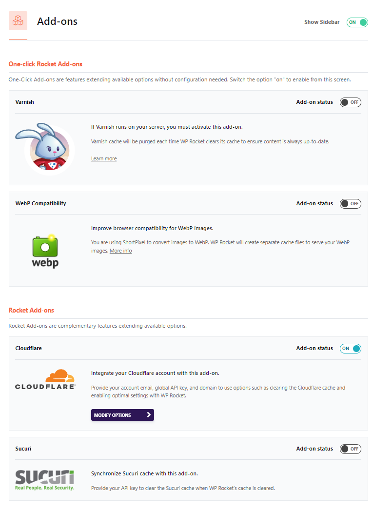 Wp rocket addons settings