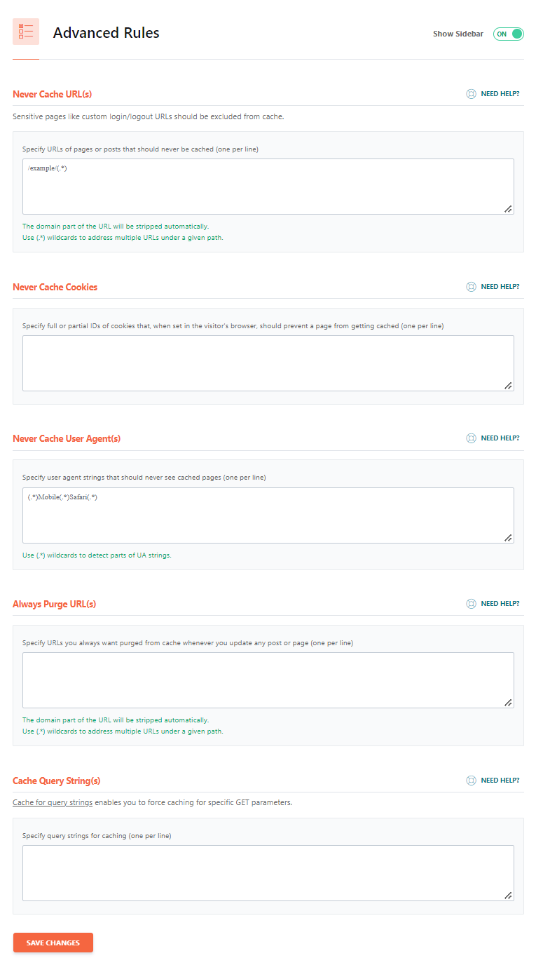 Wp rocket advanced rules settings