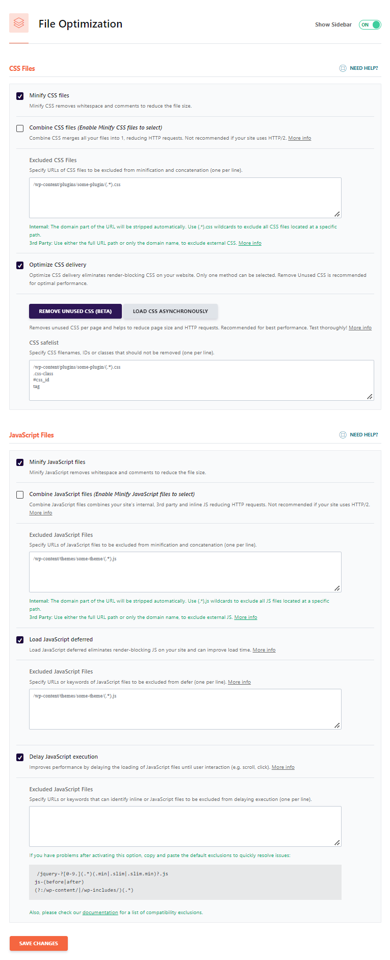 Wp rocket file optimization settings