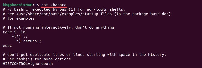 cat .bashrc terminal output