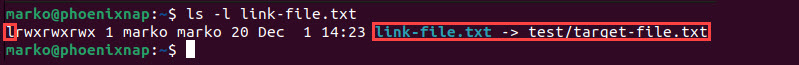 Inspecting the symlink with the ls command.