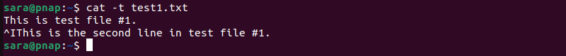 cat -t test1.txt terminal output