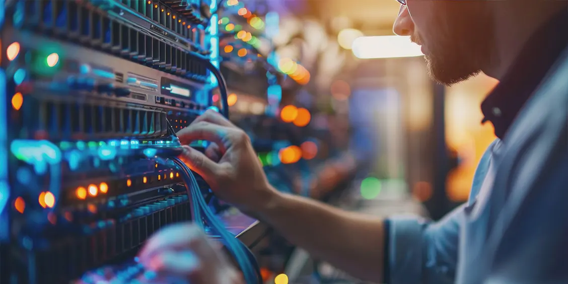 IT technician working on a server rack, ensuring secure and optimized network infrastructure for businesses in hospitality, retail, and F&B.