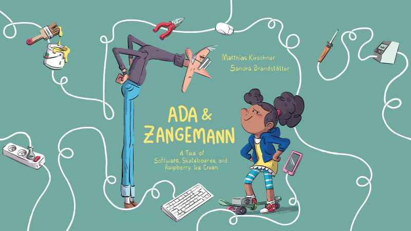A three way power adaptor, a tin of paint, a pair of pliers, a mouse,  a soldering iron, a phone, and a keyboard form a circle with a thin white curly line. Inside the circle, Ada and Zangemann face each other. Zangemann is an old man with glasses and Ada is a young girl with curly black hair.