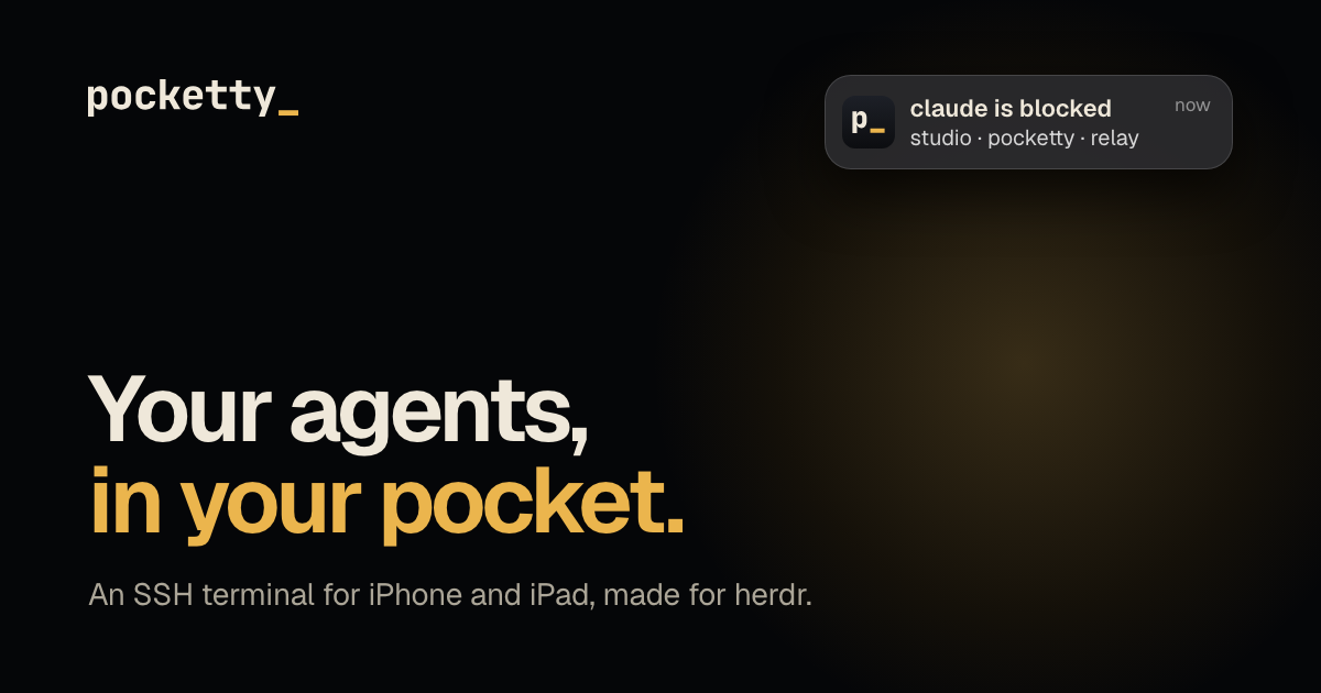 pocketty: An SSH terminal for iPhone and iPad, made for herdr. pocketty: An SSH terminal for iPhone and iPad, made for herdr.