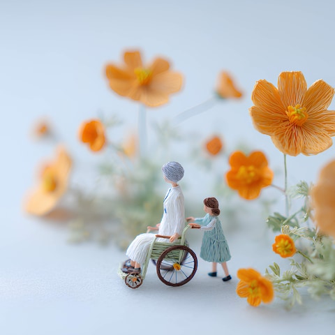車椅子を押す優しい福祉イラスト素材