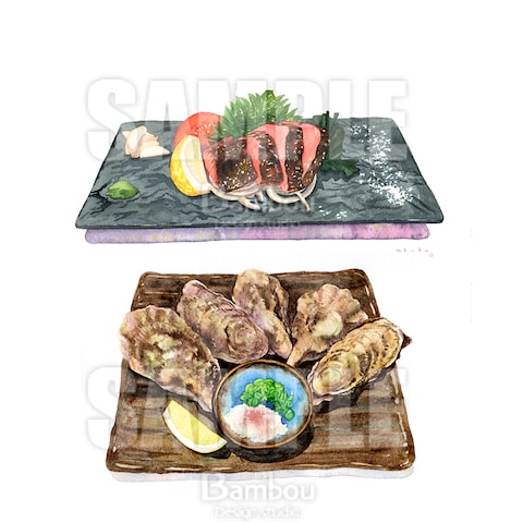 水彩イラスト|料理(鰹のたたき・焼き牡蠣)