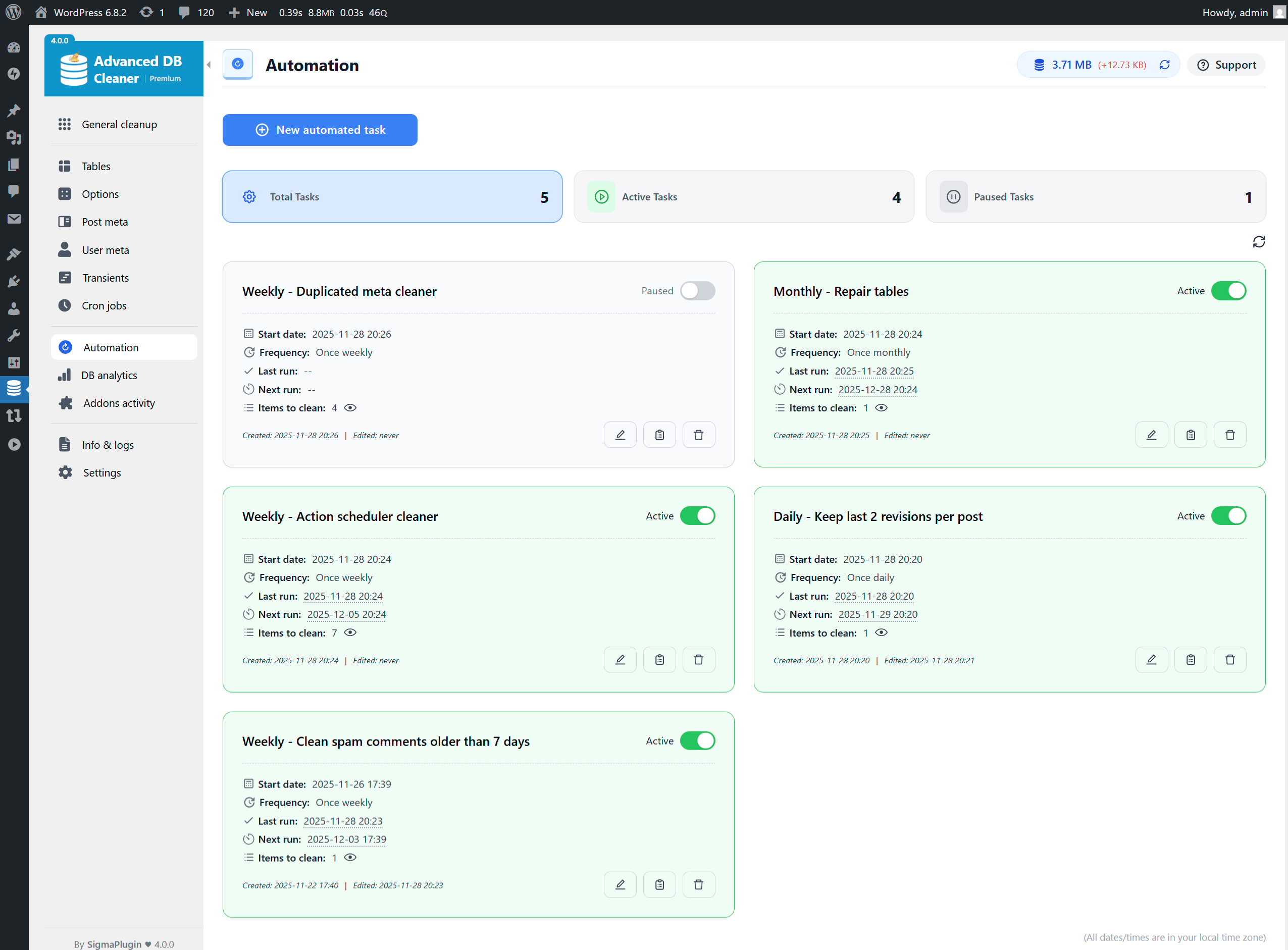 Resumen de tareas de limpieza de automatización