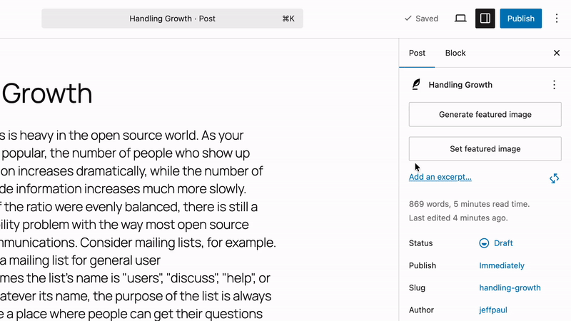 Feature: Image Generation and Editing. Post editor sidebar showing Generate featured image button and the generated featured image preview with Alt Text, Title, and Description.