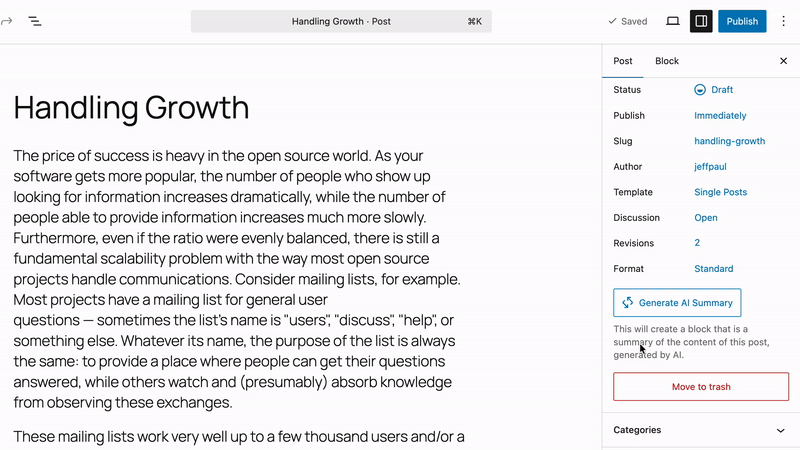Editor Experiment: Content Summarization. Post editor sidebar showing Generate AI Summary button and the generated content summary within a Content Summary block.