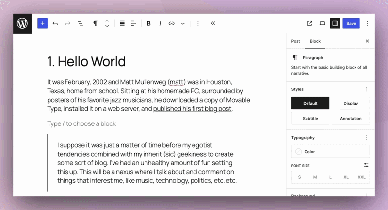 Editor Experiment: Type-ahead Text. Ghost text suggestions while writing paragraphs in the block editor.