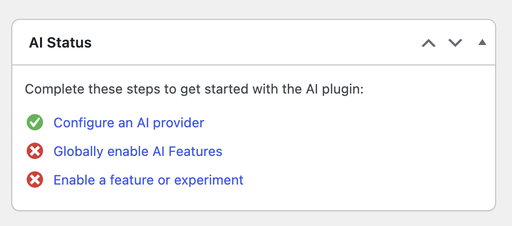 Dashboard Widgets. AI Status widget showing three step configuration process.