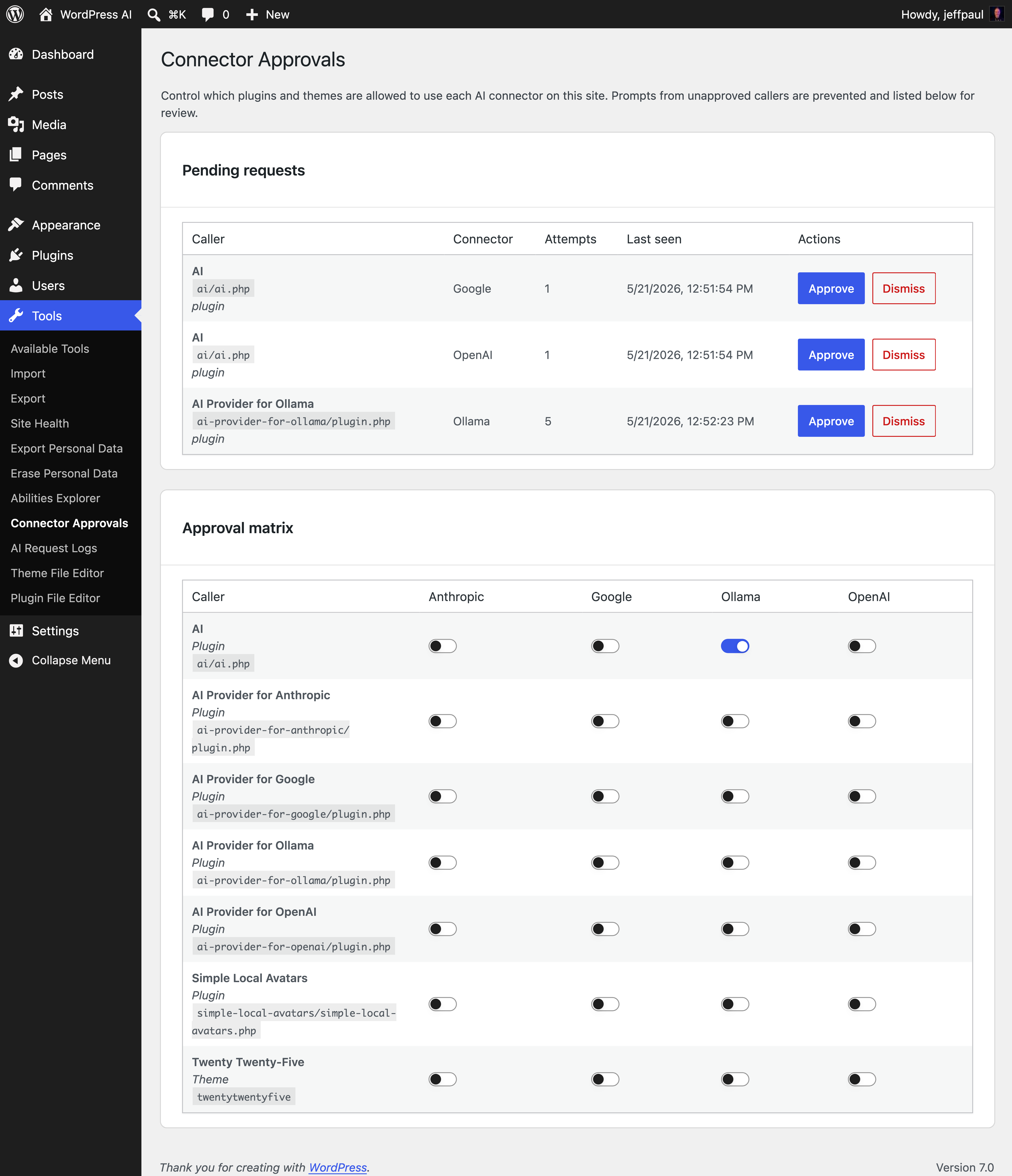 Admin Experiment: Connector Approvals. Require explicit administrator approval before plugins or themes can use AI connectors configured on this site.