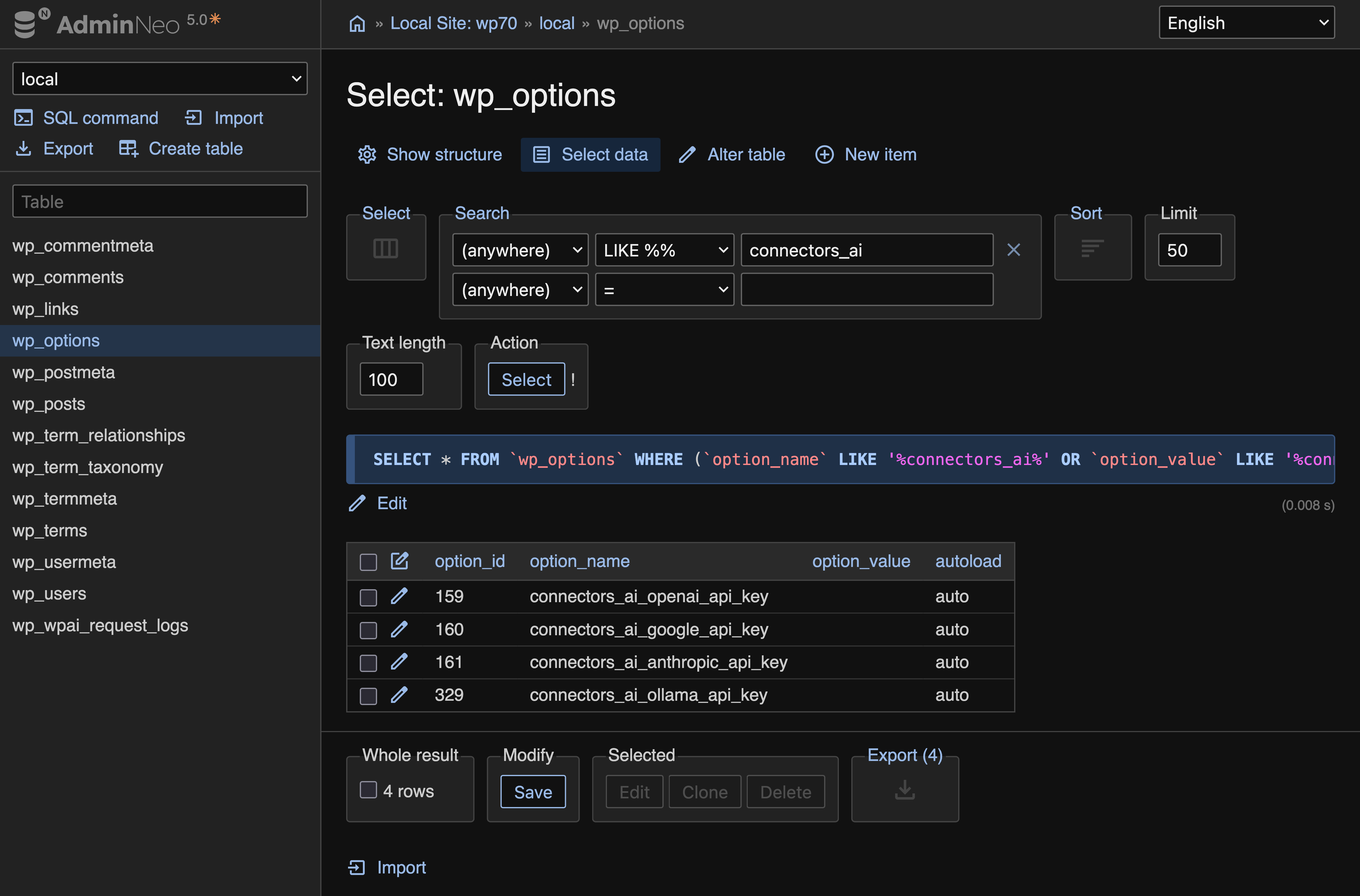 Admin Experiment: Key Generation. Encrypts AI provider API keys at rest using bundled libsodium encryption. Keys are transparently decrypted on read and re-encrypted on write. Disabling the experiment or deactivating the plugin restores plaintext keys.
