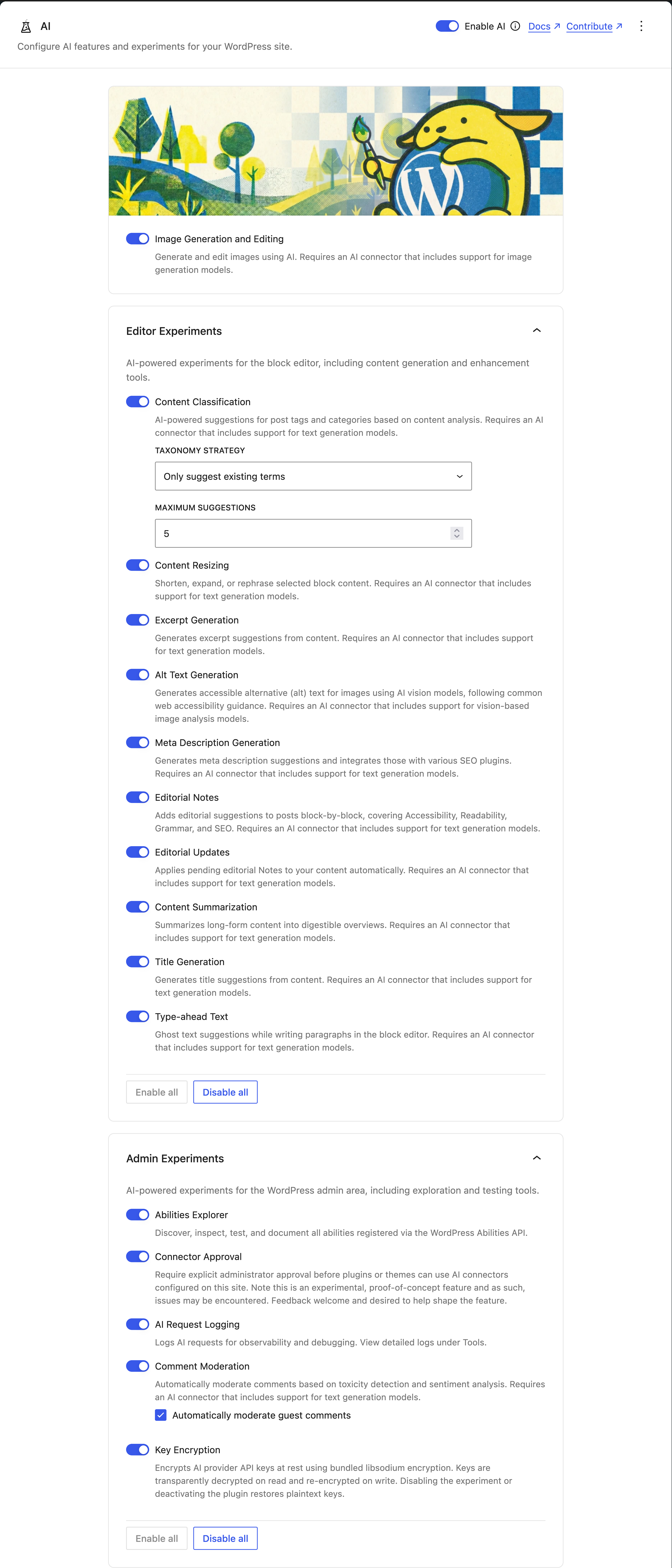 AI Settings. AI settings screen showing toggles to enable specific experiments.