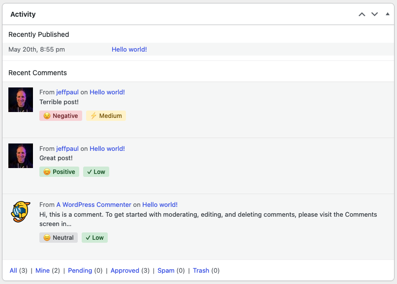 Editor Experiment: Comment Moderation. Recent Comments section of the Activity widget showing Sentiment and Toxicity scores.