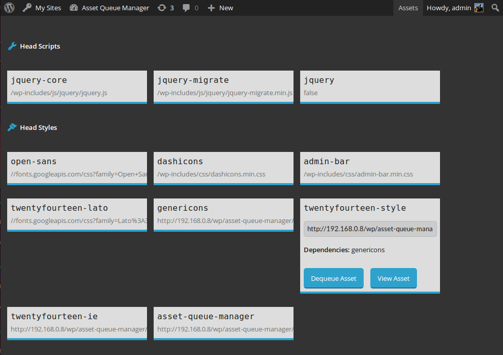 View details about assets enqueued in the head or footer. Dequeue them or view them for copying and minifying on your own.