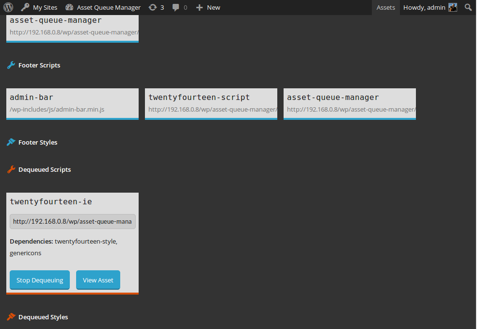 View details about assets that are being dequeued by this plugin. Requeue them or view them for copying and minifying on your own.