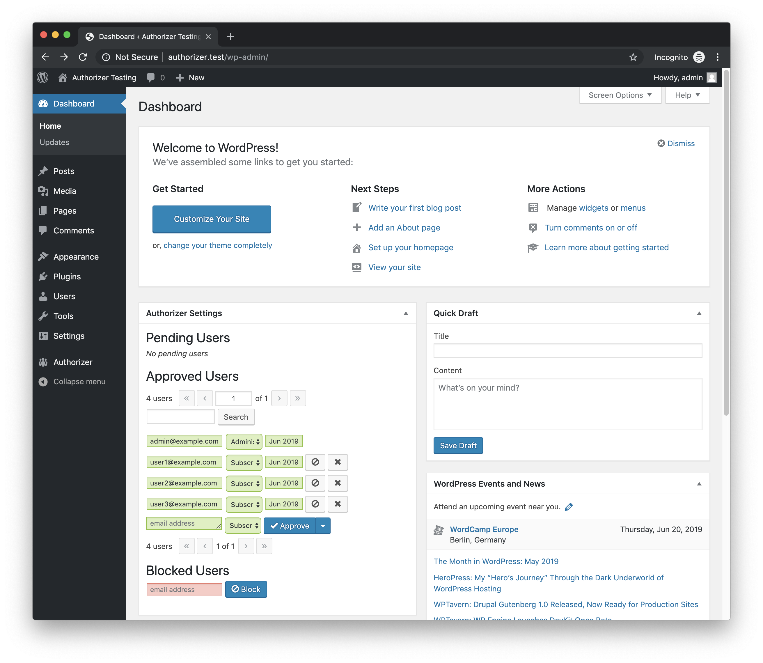 Authorizer Dashboard Widget.