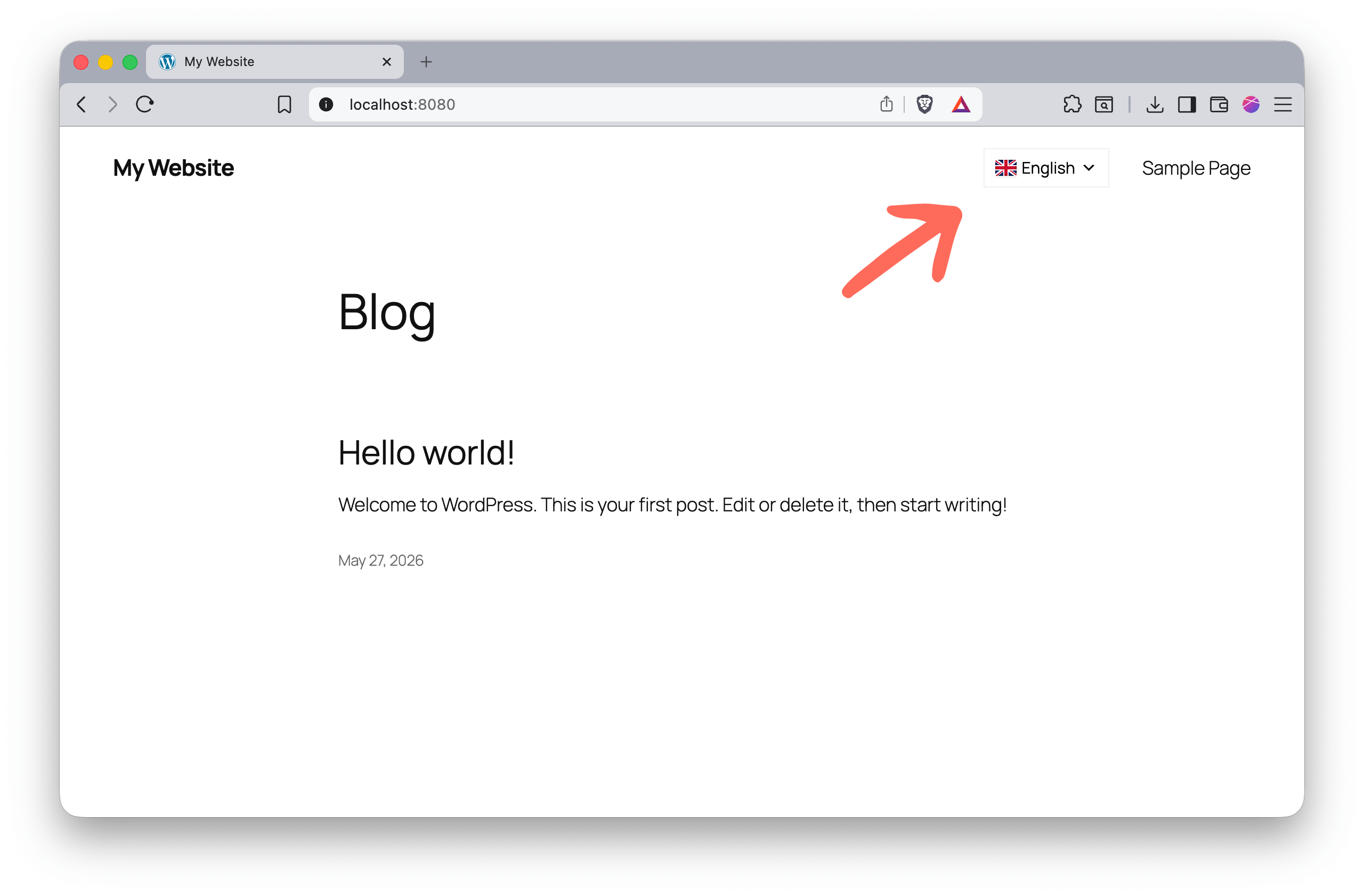 Floating language switcher on a WordPress page.