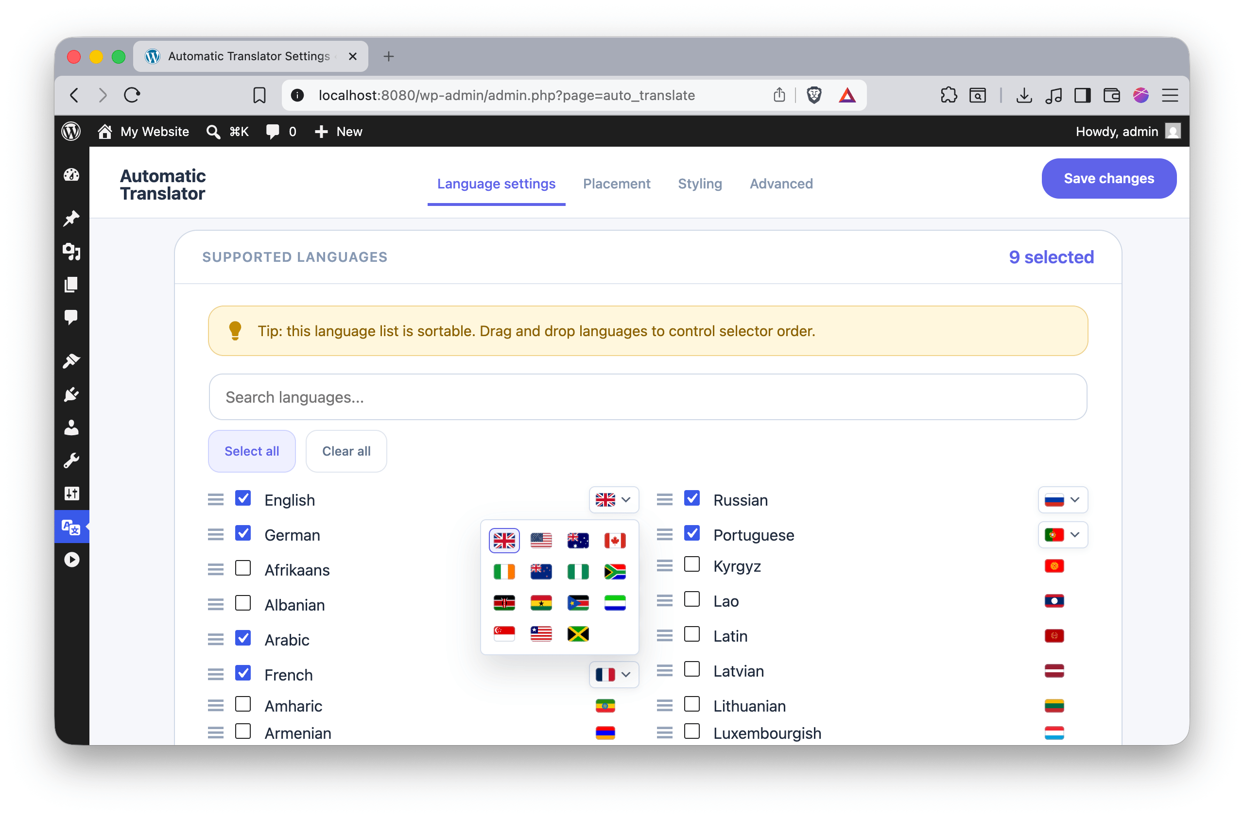Language settings for base language, supported languages, ordering, and regional flag choices.