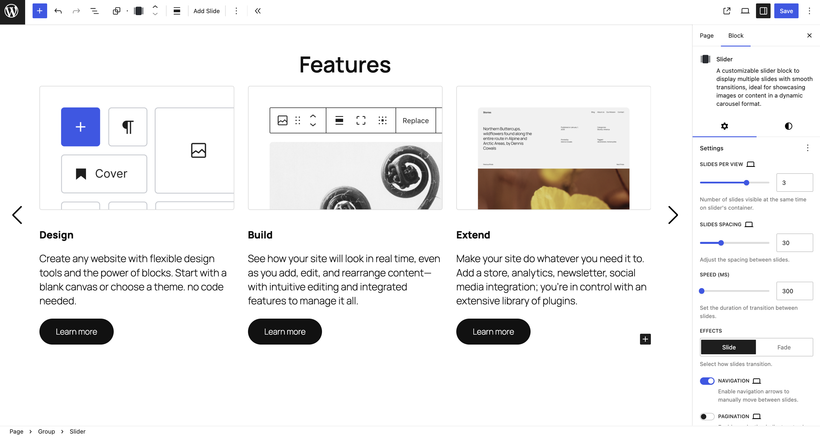 Block Editor Settings – Adjust your slider layout, animation, and navigation instantly.
