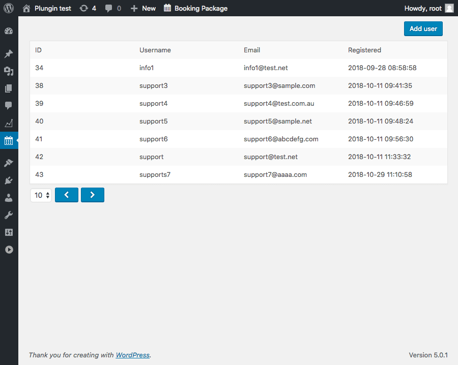 List of user accounts.