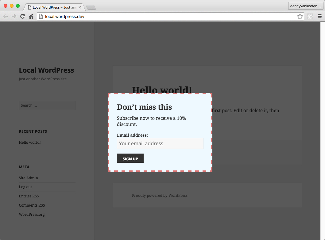 A Boxzilla WordPress popup with a newsletter sign-up form.