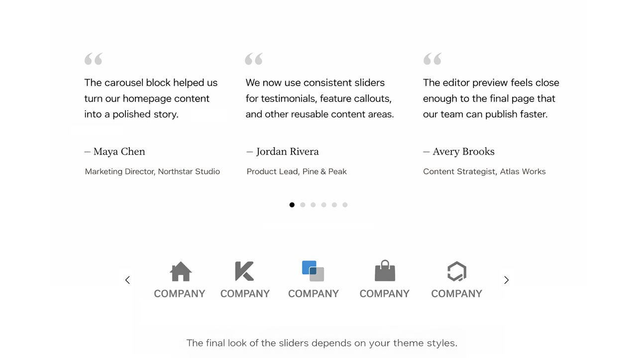 Testimonials and logo carousel