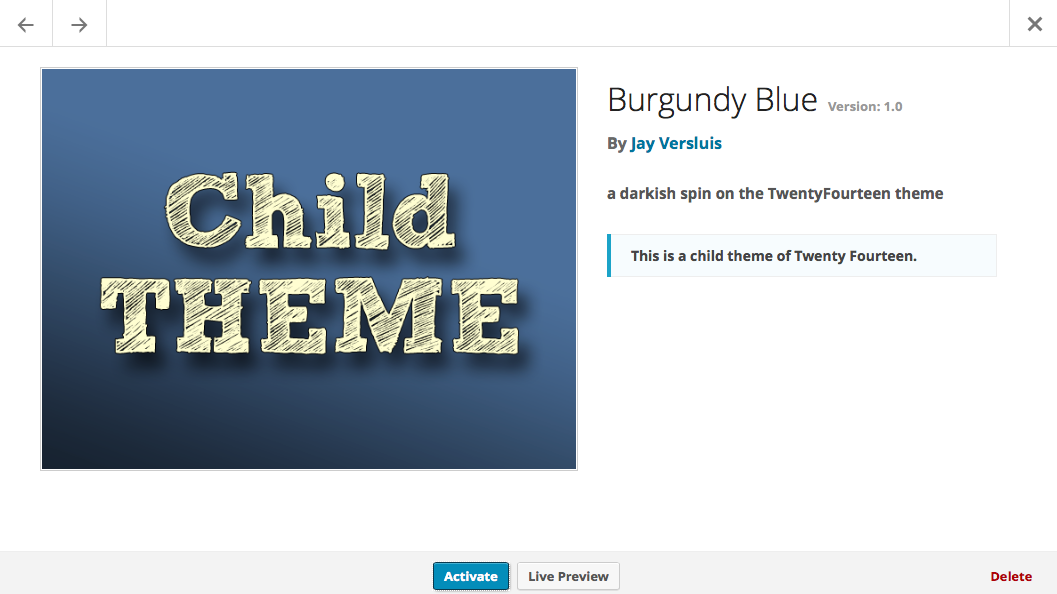 Your new child theme appears under Appearance - Themes with a thumbnail.