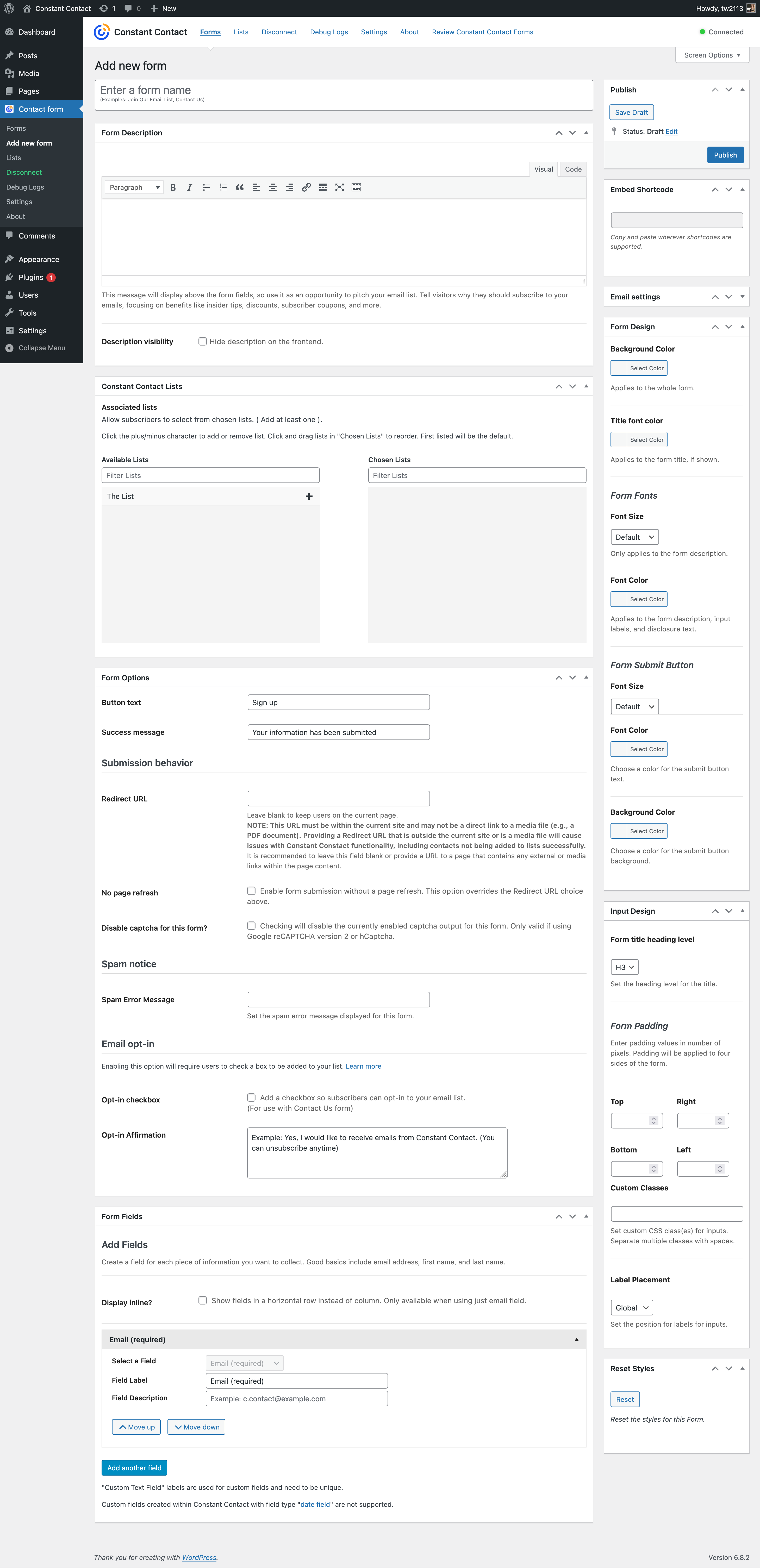 Adding a New form when connected to Constant Contact account.