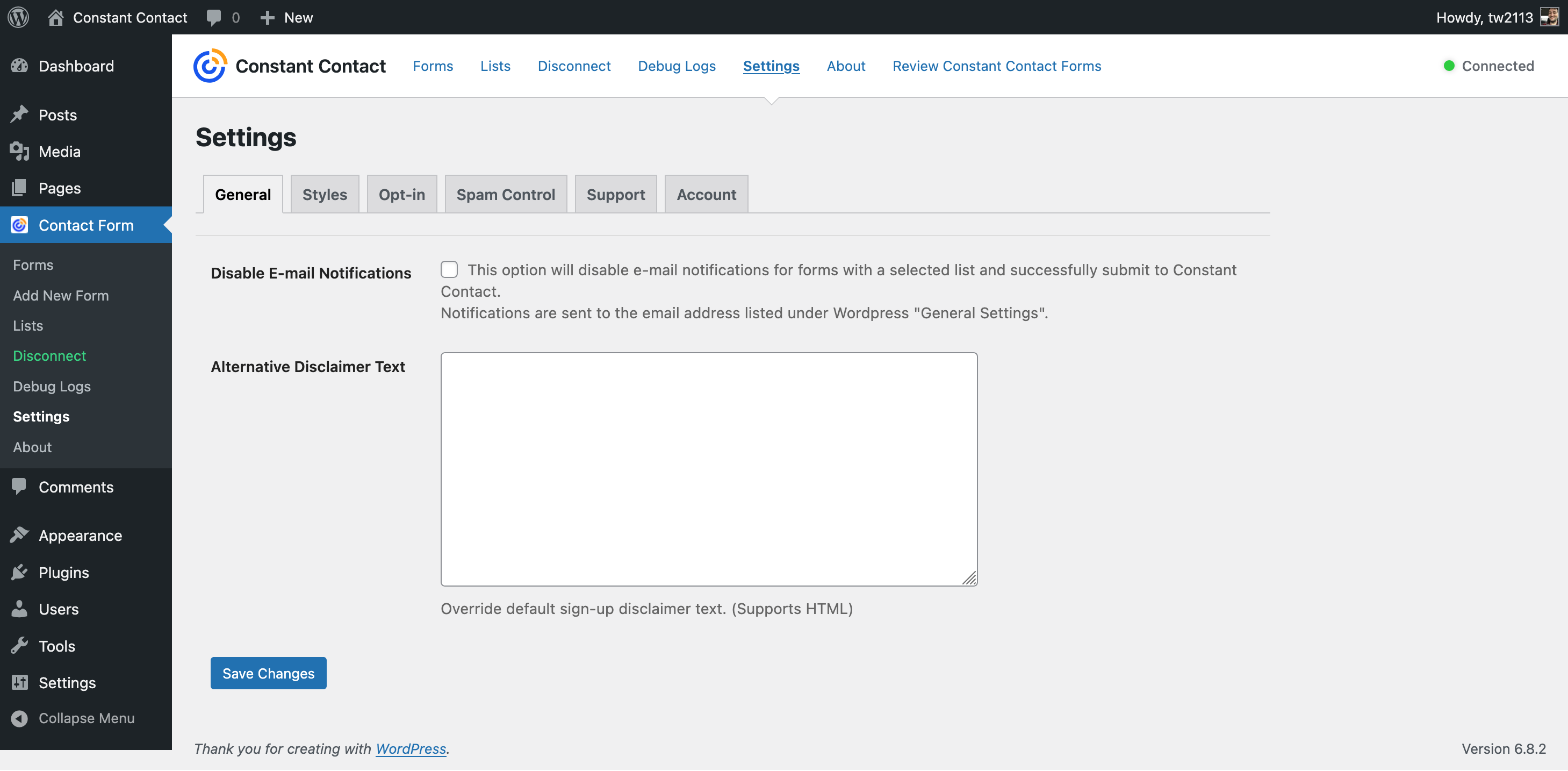 Settings page