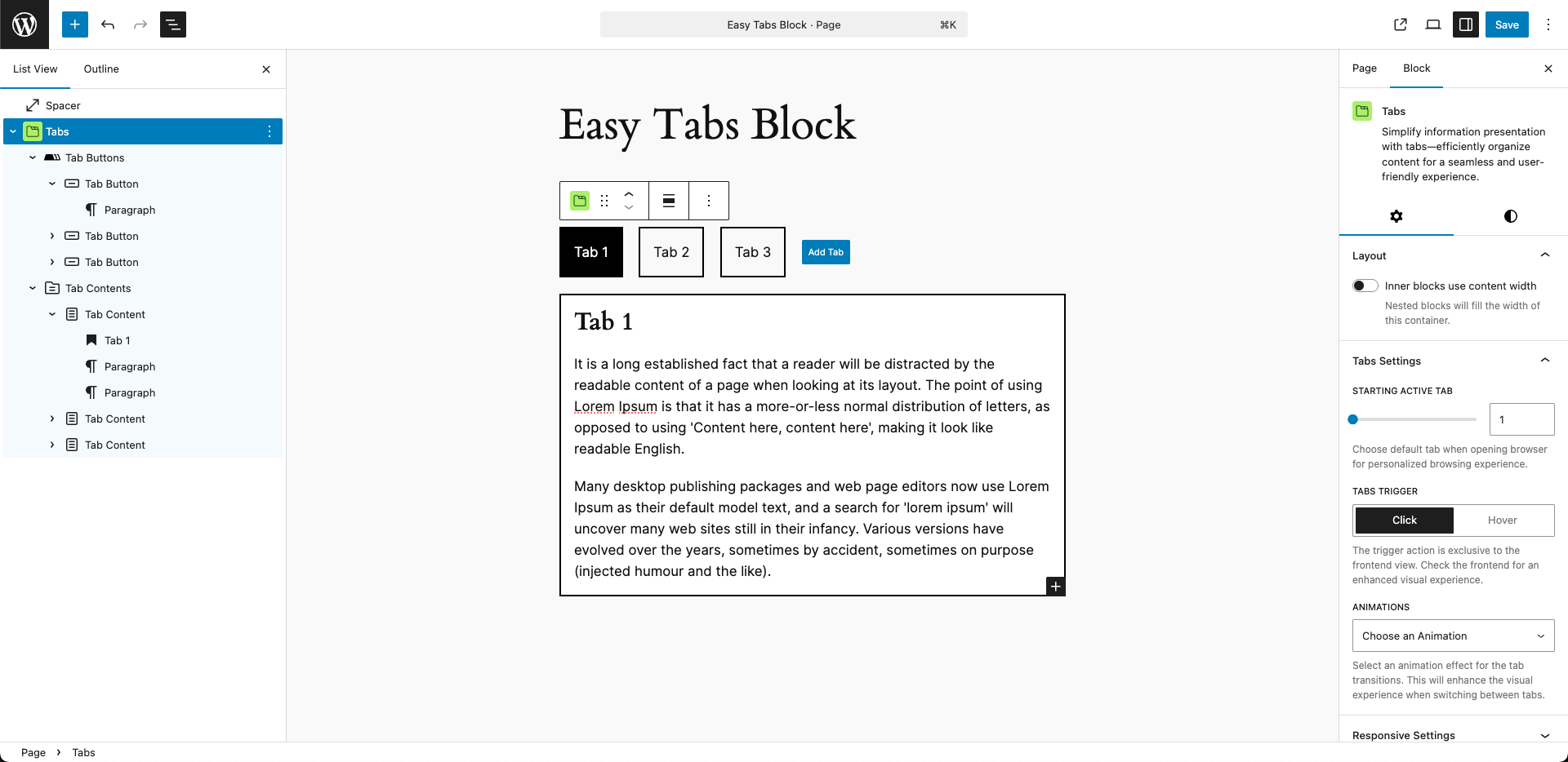 Tabs block interface in the Gutenberg editor.