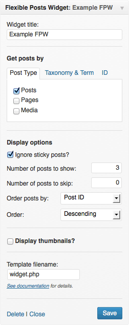 Configuring a FPW in wp-admin with the Post Type tab displayed.