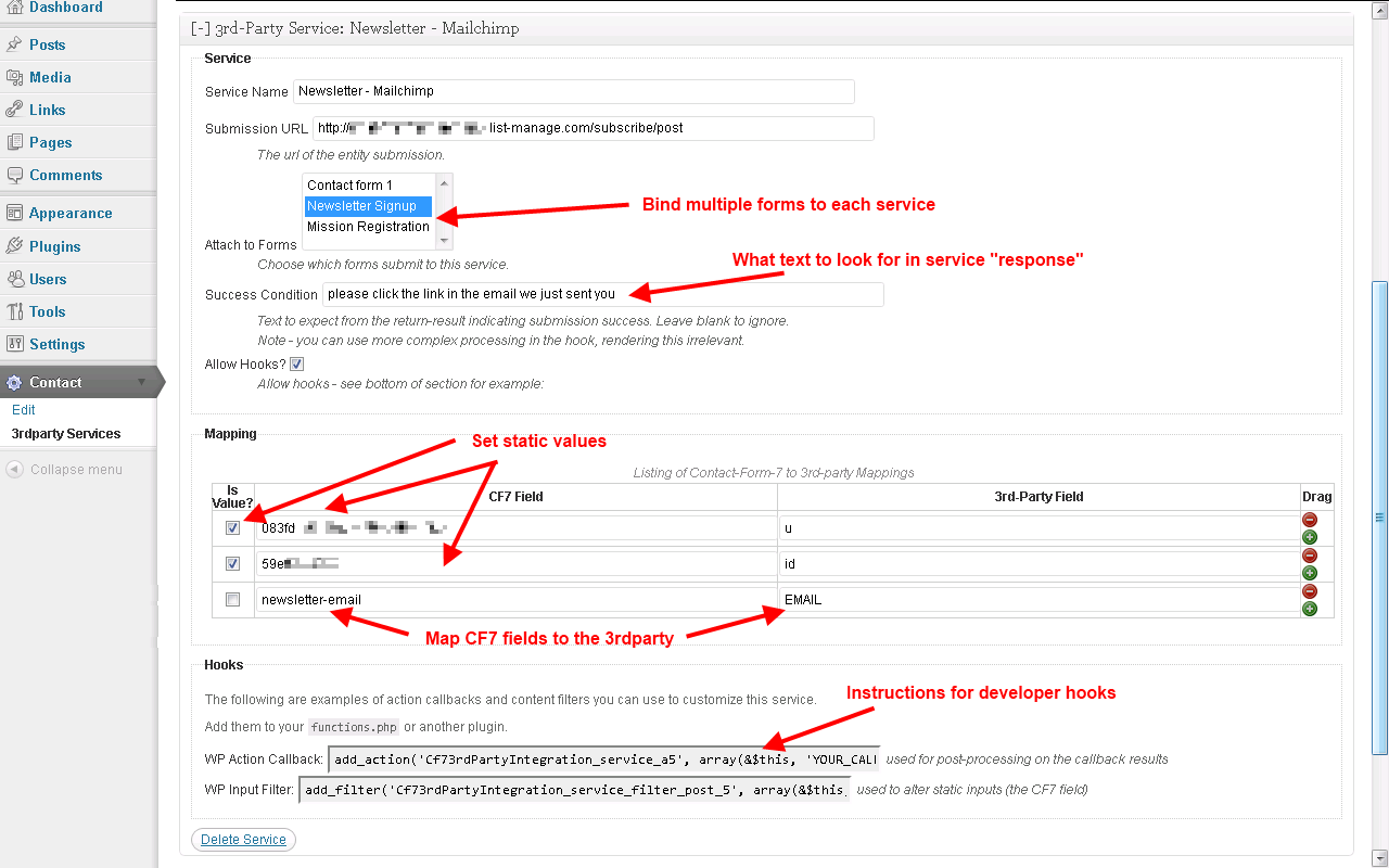 Sample service - mailchimp integration, with static and mapped values