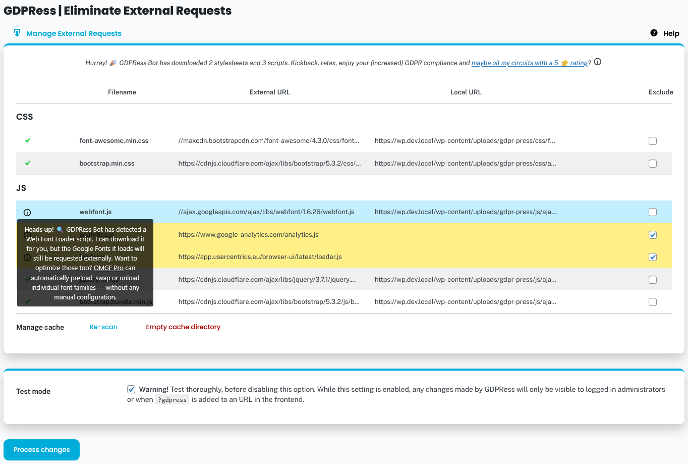 After running the initial scan, external requests are listed. Exclude a file when e.g., you suspect it might not work properly when it's downloaded.