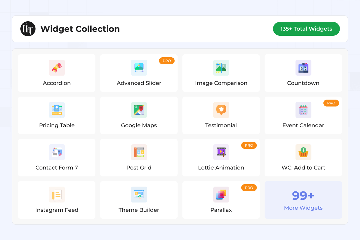 Extensive Widget Library - 135+ Free & Pro Widgets Organized by Category