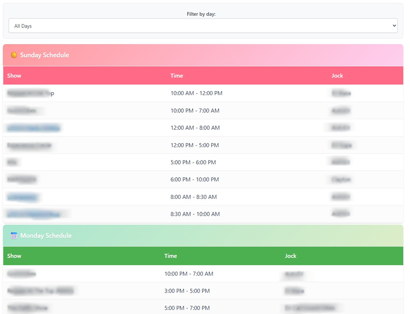 Full Schedule Display - Professional weekly schedule with clickable links and highlighting