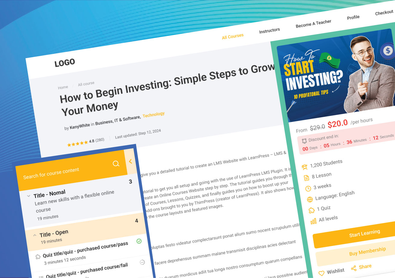 Online Course Detail: Clean & thoughtfully structured layout features a dynamic course overview, detailed sections, curriculum, instructor information and more to help make decision quicker